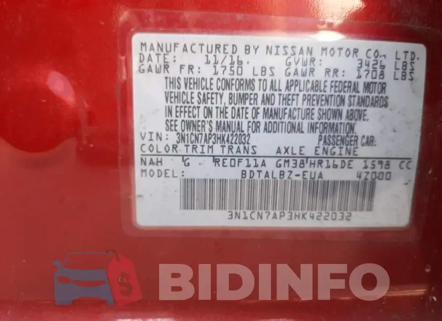 3N1CN7AP3HK422032 Photo# 13