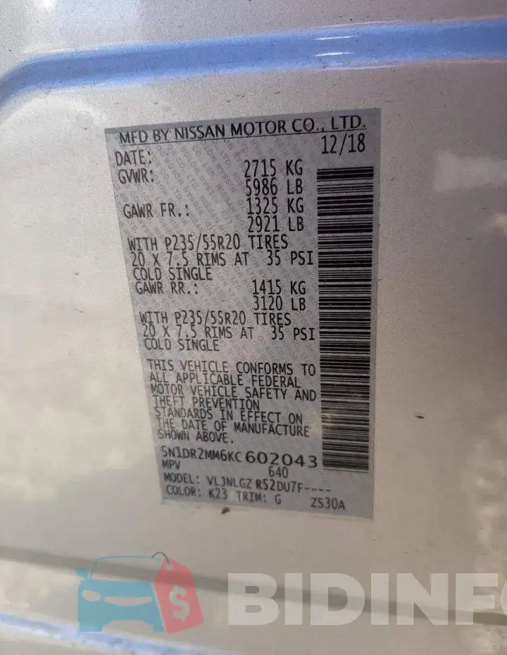 5N1DR2MM6KC602043 Photo# 13