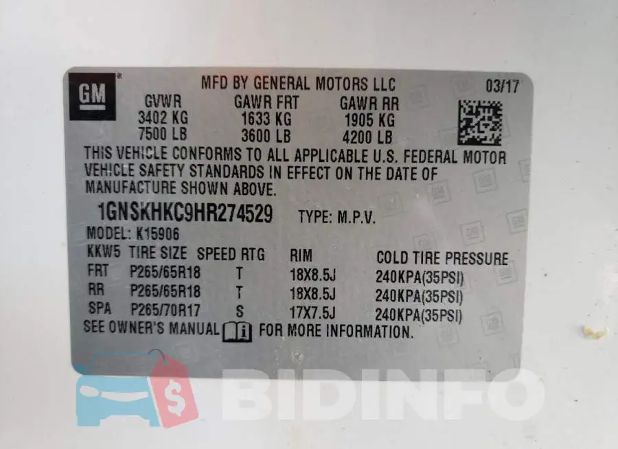 1GNSKHKC9HR274529 Photo# 13