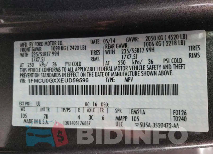 1FMCU0GXXEUD59596 Photo# 10