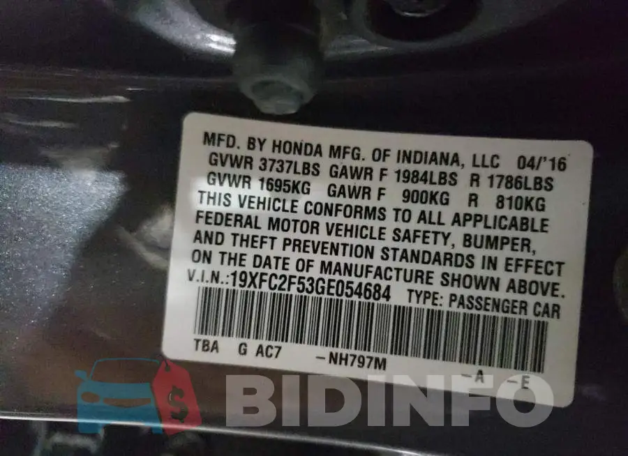 19XFC2F53GE054684 Photo# 13