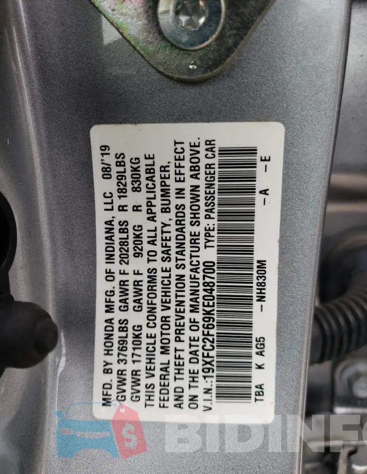 19XFC2F69KE048700 Photo# 12