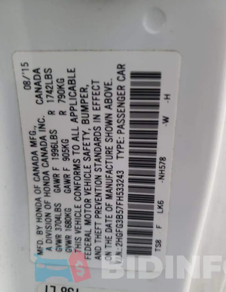 2HGFG3B57FH533243 Photo# 12