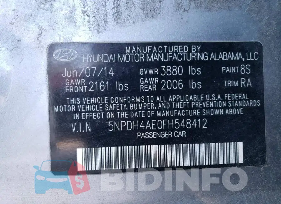 5NPDH4AE0FH548412 Photo# 12