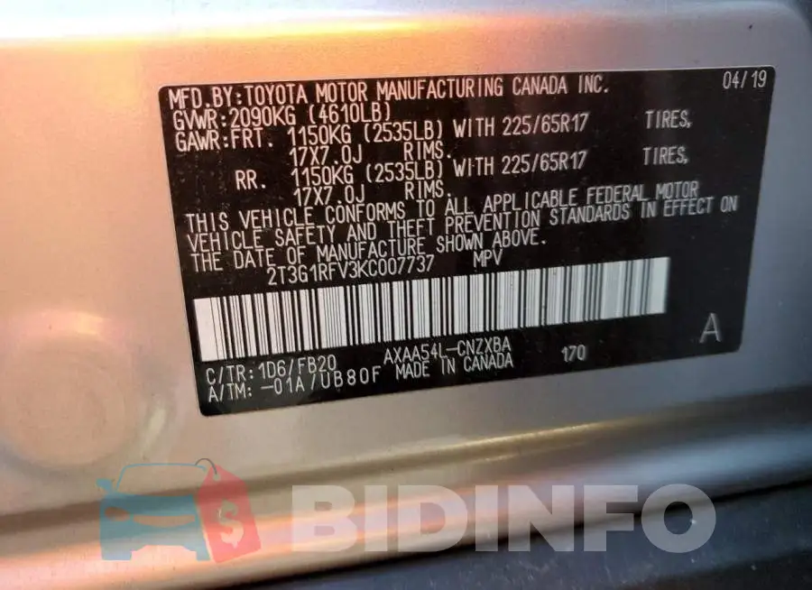 2T3G1RFV3KC007737 Photo# 13