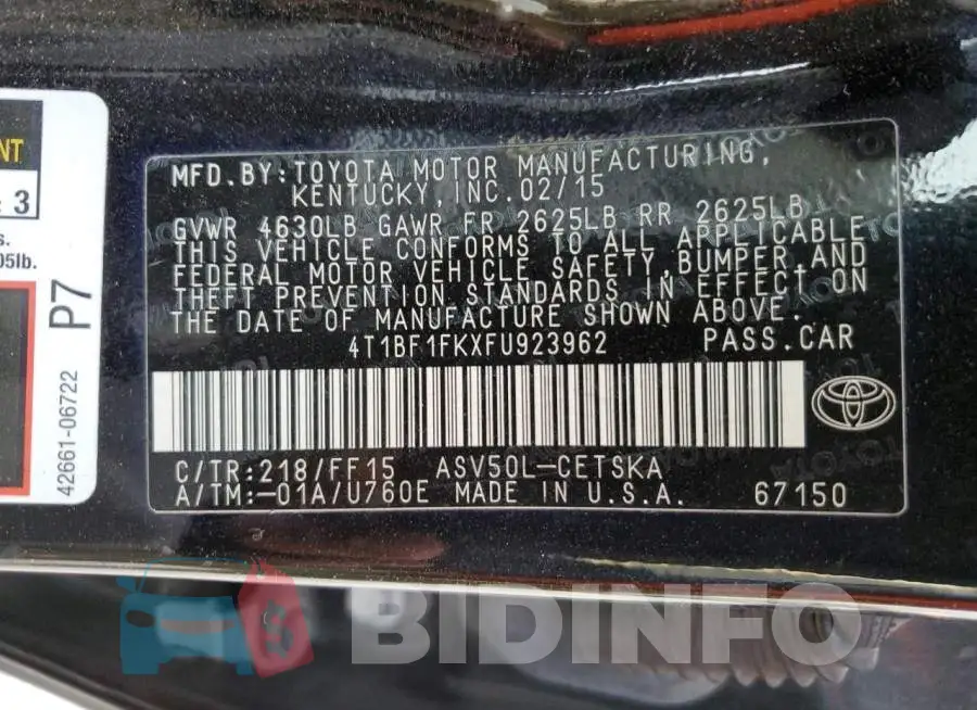 4T1BF1FKXFU923962 Photo# 10