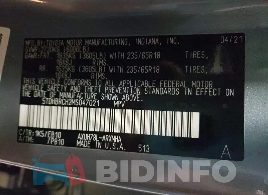 5TDHBRCH2MS047021 Photo# 10