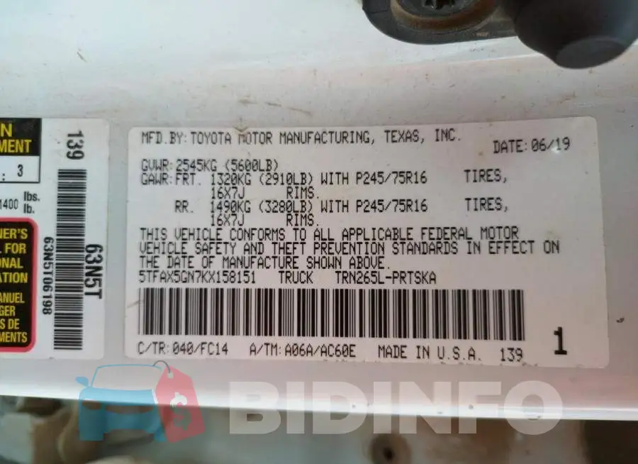 5TFAX5GN7KX158151 Photo# 12