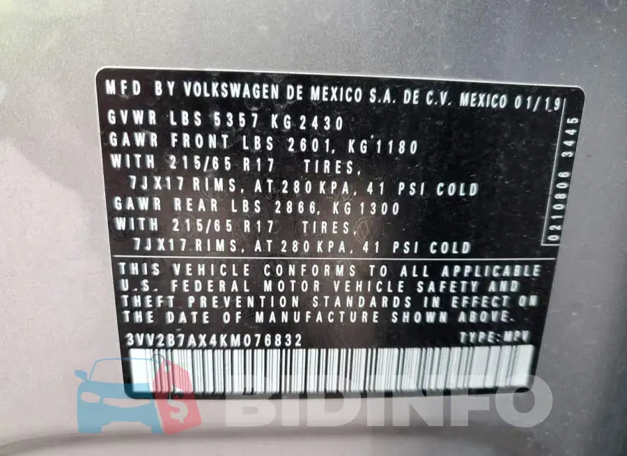 3VV2B7AX4KM076832 Photo# 12