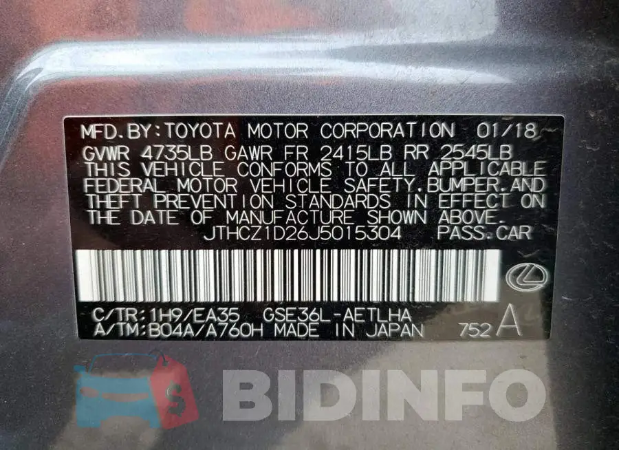 JTHCZ1D26J5015304 Photo# 10