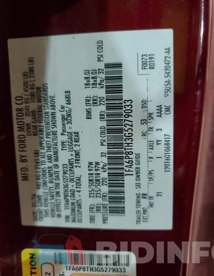 1FA6P8TH3G5279033 Photo# 10