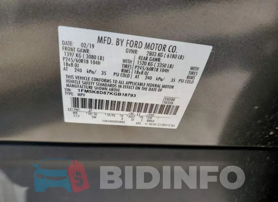 1FM5K8D87KGB18793 Photo# 12