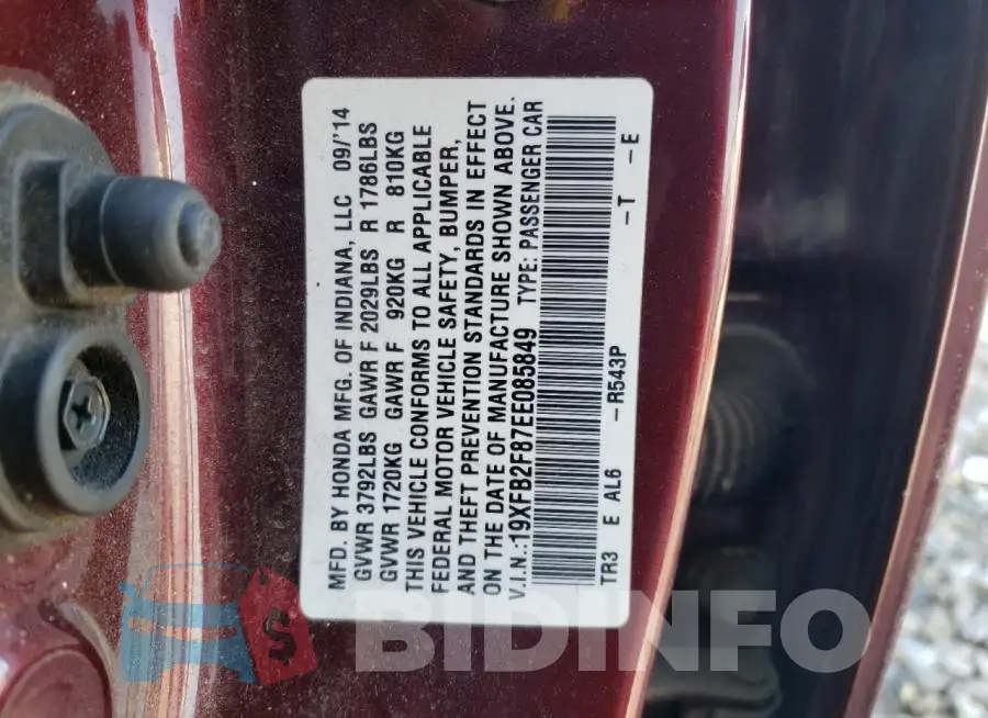 19XFB2F87EE085849 Photo# 12