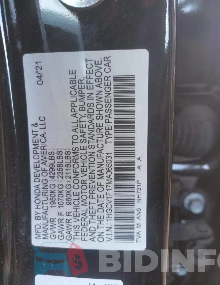 1HGCV1F17MA065031 Photo# 13