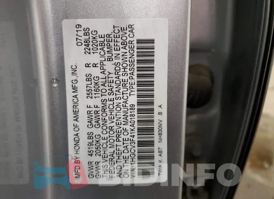 1HGCV3F41KA018189 Photo# 12