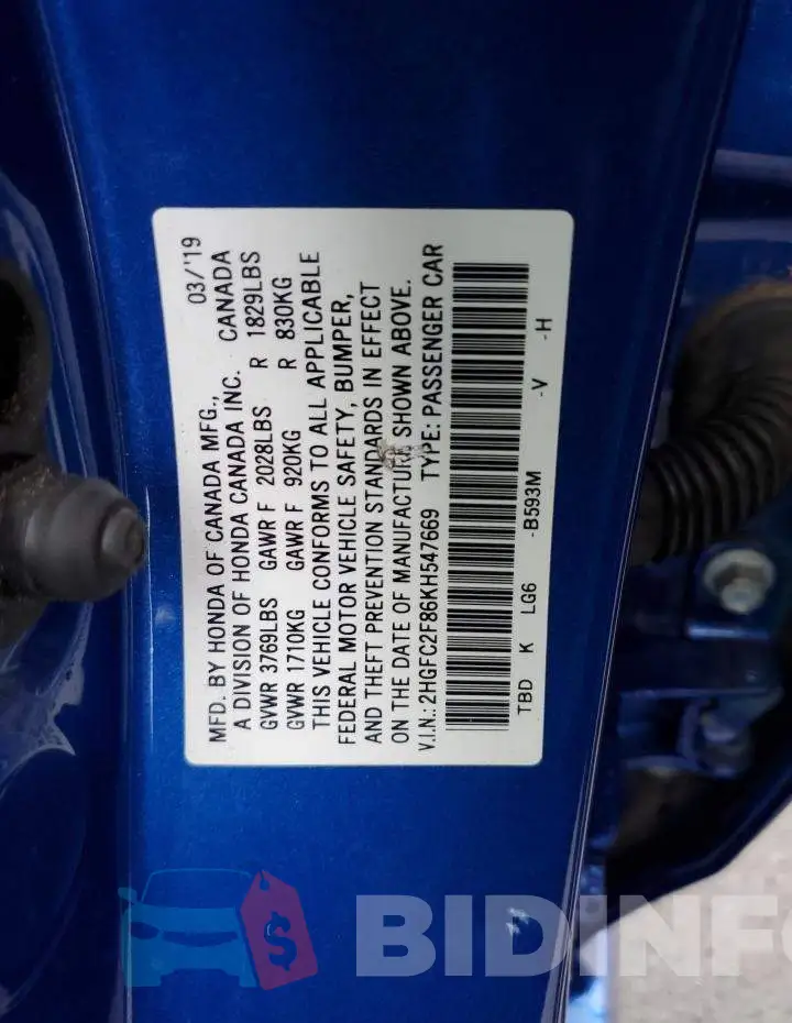 2HGFC2F86KH547669 Photo# 12