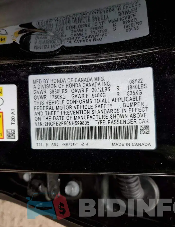 2HGFE2F50NH599805 Photo# 13