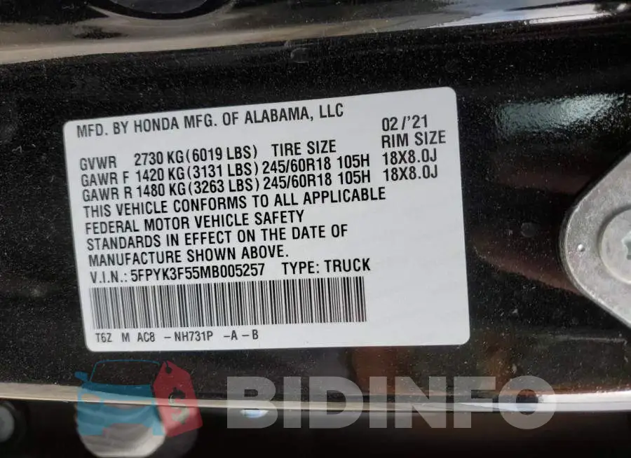 5FPYK3F55MB005257 Photo# 12