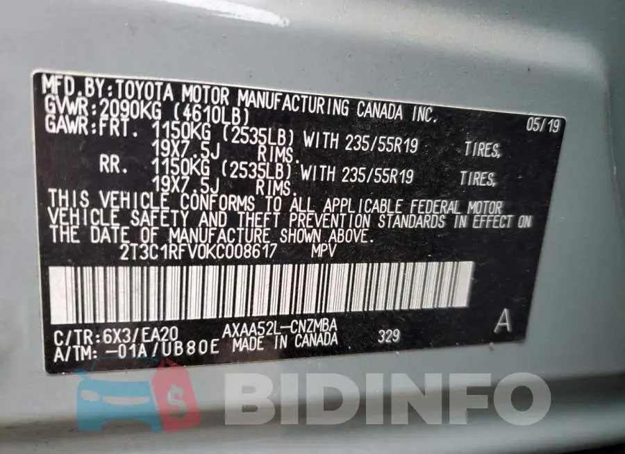 2T3C1RFV0KC008617 Photo# 13
