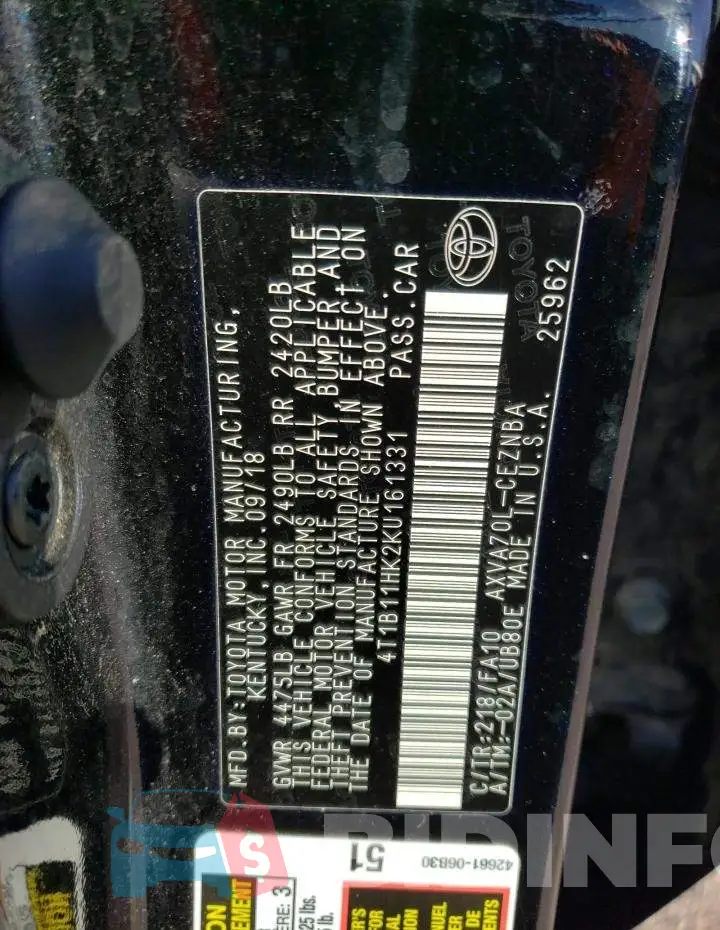 4T1B11HK2KU161331 Photo# 12