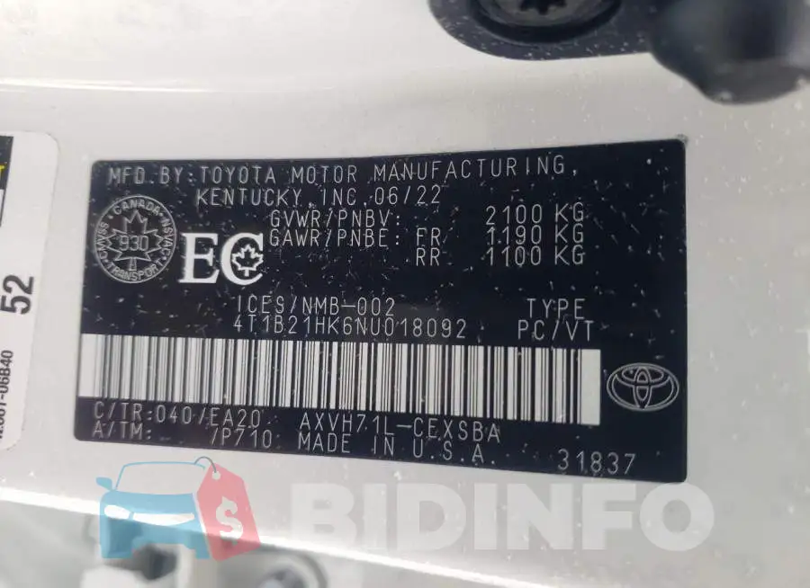 4T1B21HK6NU018092 Photo# 13