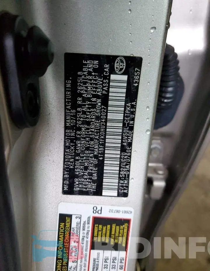 4T1BF1FK0HU340027 Photo# 12