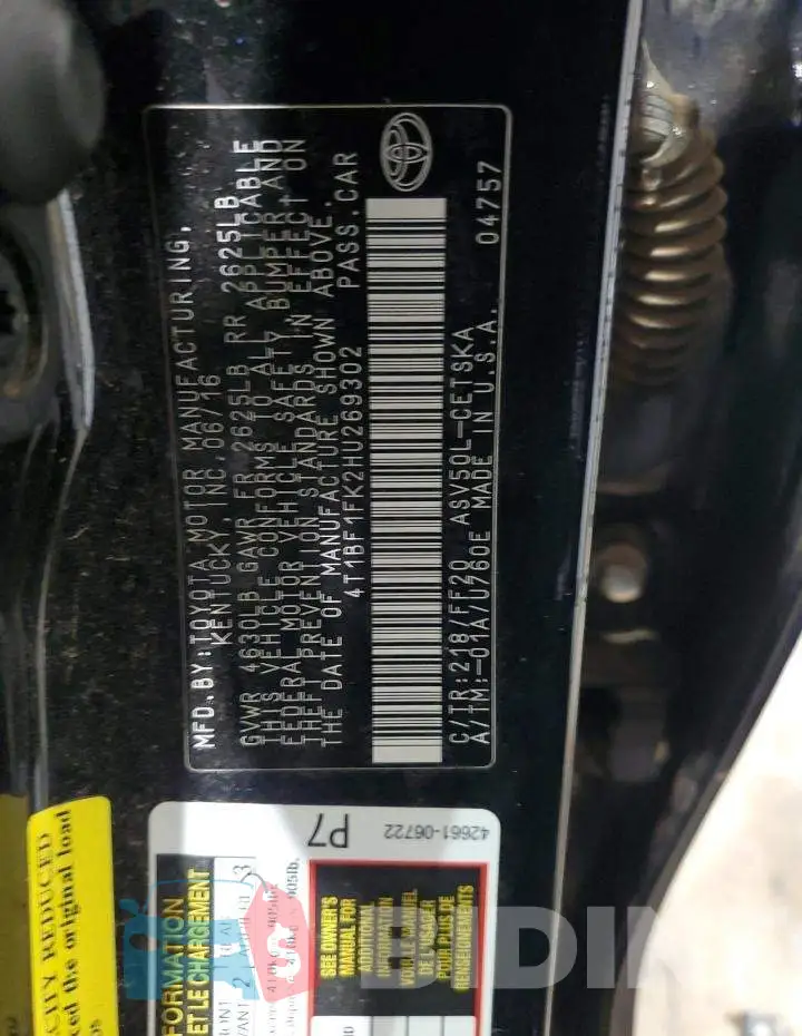 4T1BF1FK2HU269302 Photo# 12