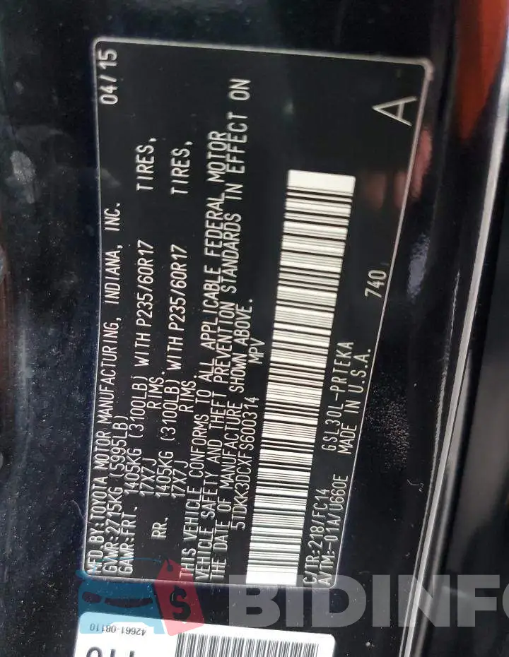 5TDKK3DCXFS600314 Photo# 13
