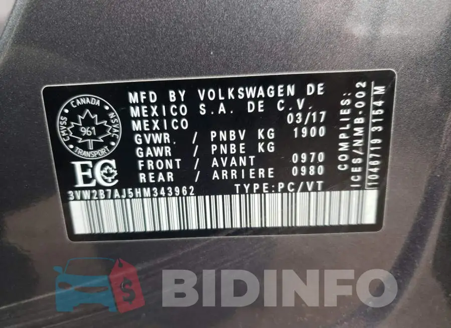 3VW2B7AJ5HM343962 Photo# 12