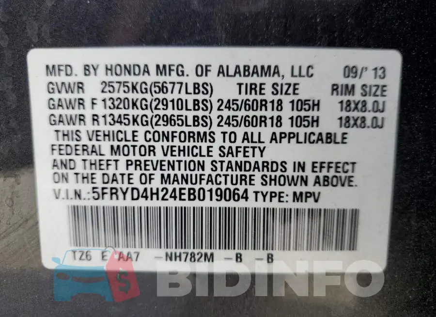 5FRYD4H24EB019064 Photo# 12