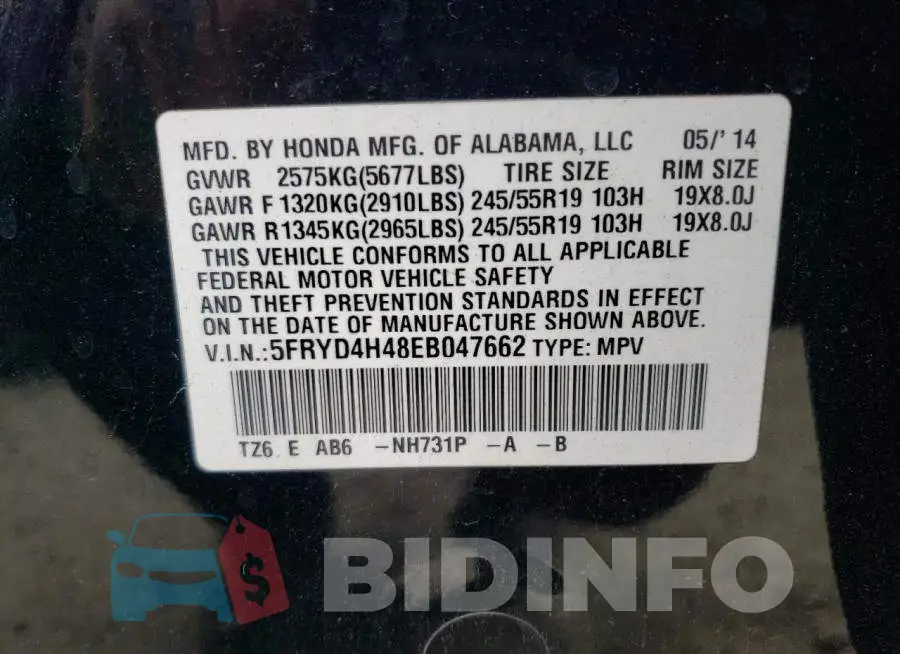 5FRYD4H48EB047662 Photo# 13