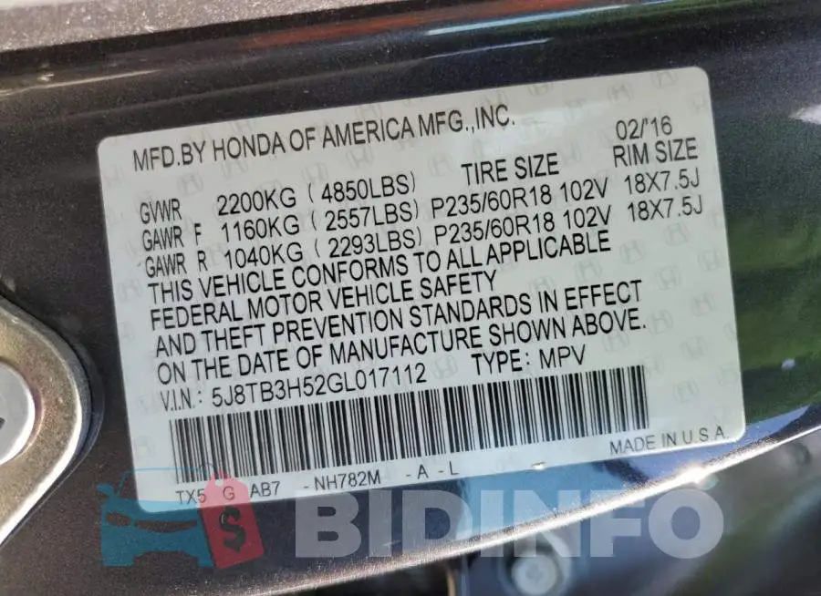 5J8TB3H52GL017112 Photo# 13
