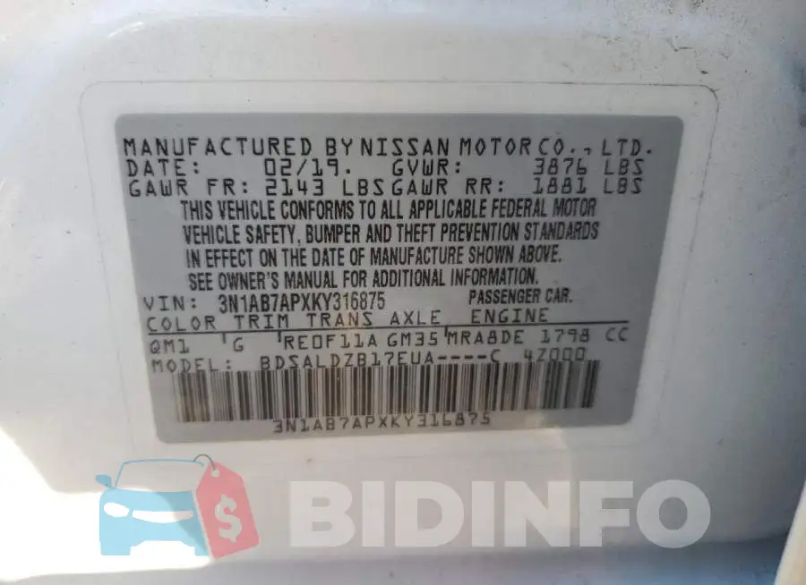 3N1AB7APXKY316875 Photo# 12