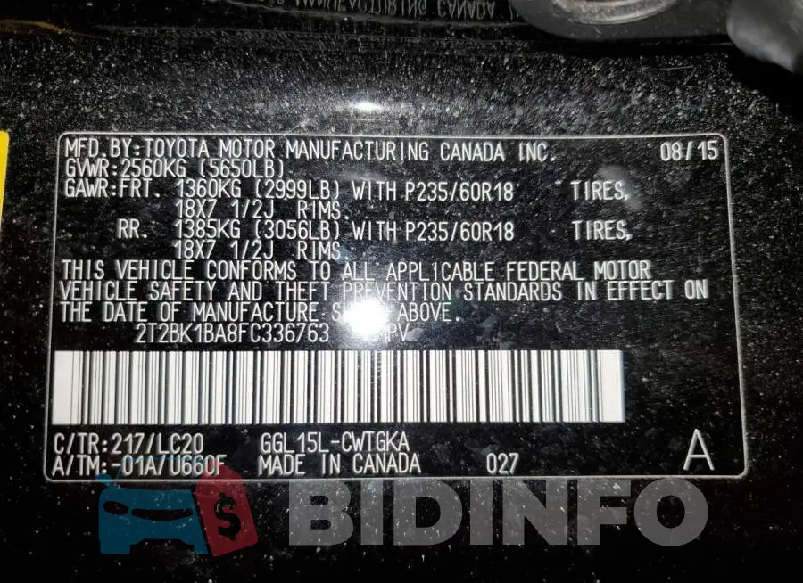 2T2BK1BA8FC336763 Photo# 12