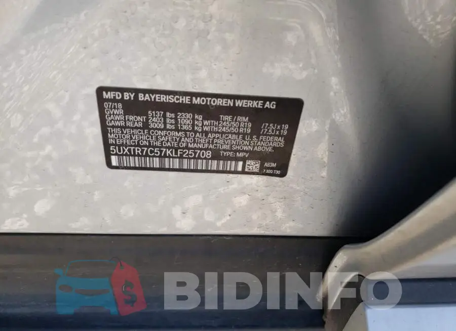 5UXTR7C57KLF25708 Photo# 13