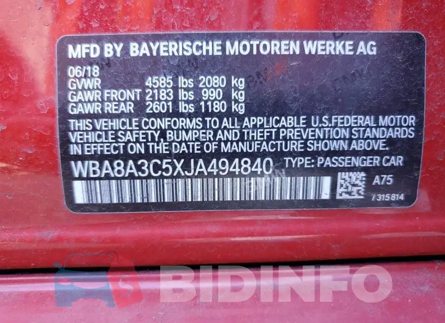 WBA8A3C5XJA494840 Photo# 13