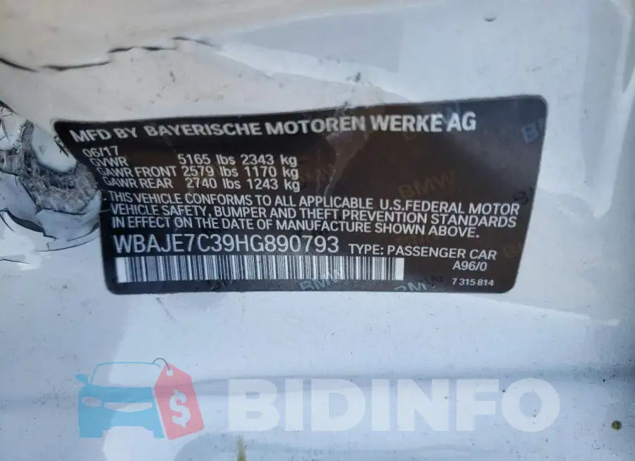 WBAJE7C39HG890793 Photo# 12