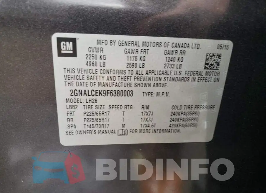 2GNALCEK9F6380003 Photo# 13