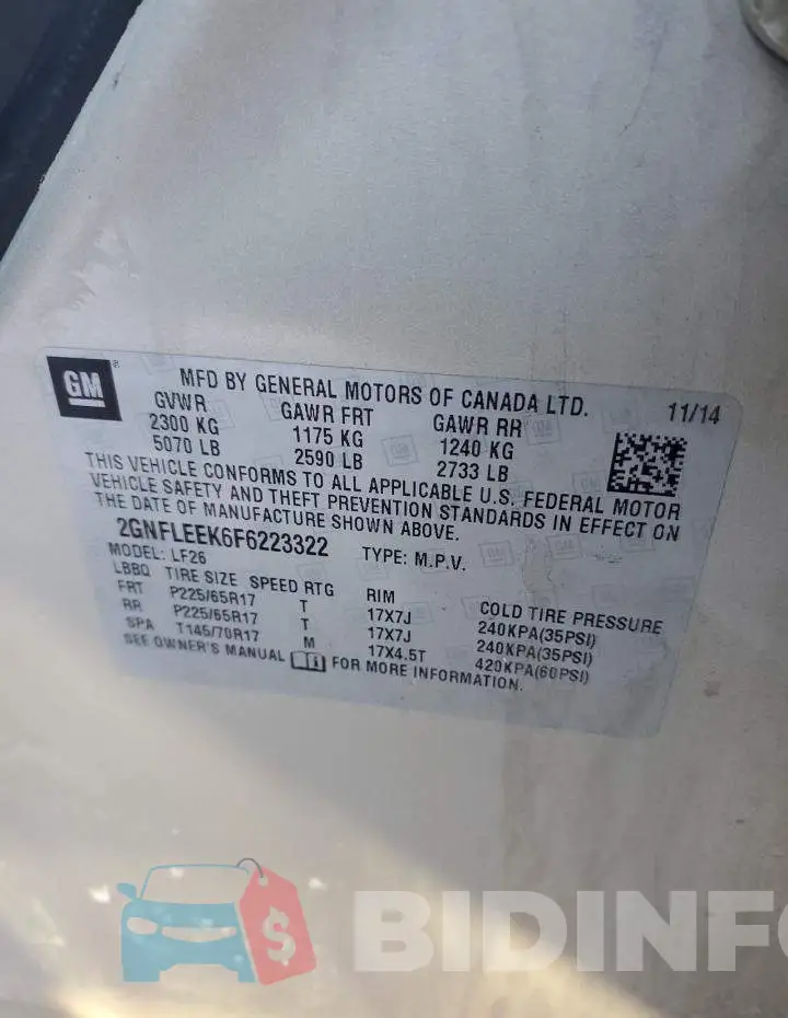 2GNFLEEK6F6223322 Photo# 12