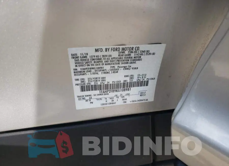 1FAHP2F89KG108981 Photo# 10