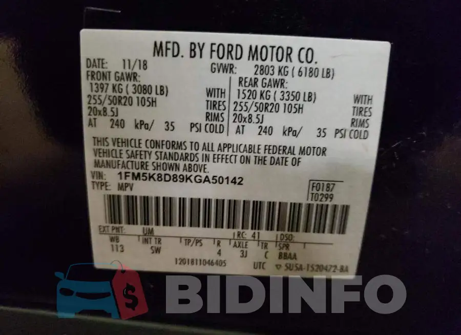 1FM5K8D89KGA50142 Photo# 14