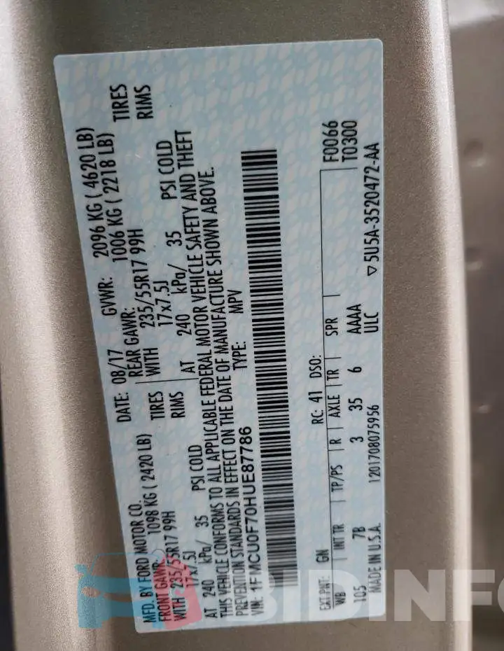 1FMCU0F70HUE87786 Photo# 12