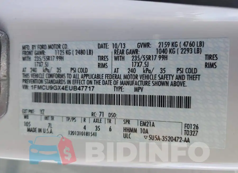 1FMCU9GX4EUB47717 Photo# 13
