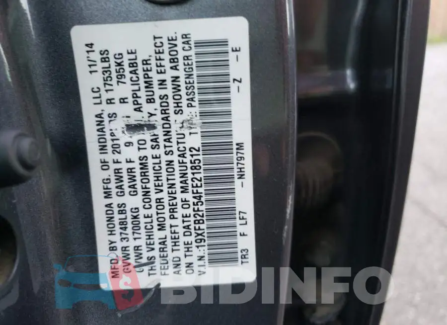 19XFB2F54FE218512 Photo# 12
