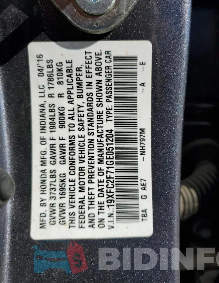 19XFC2F71GE051204 Photo# 12