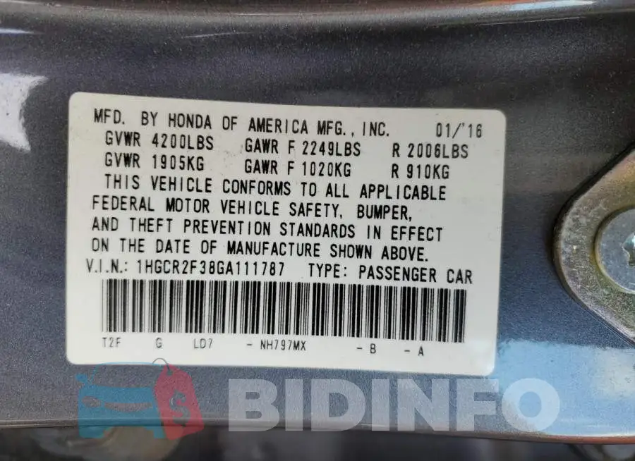 1HGCR2F38GA111787 Photo# 12