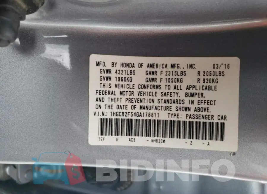 1HGCR2F54GA178811 Photo# 12