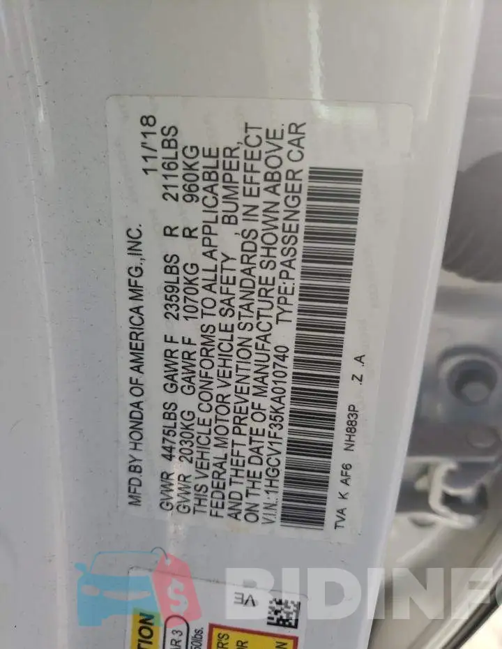 1HGCV1F35KA010740 Photo# 10