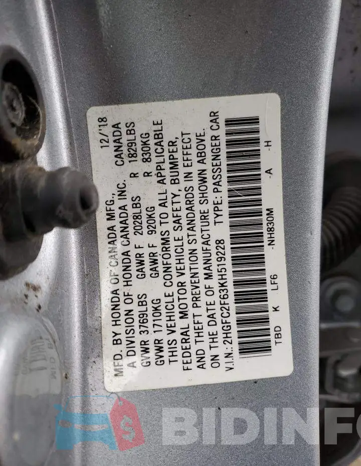 2HGFC2F63KH519228 Photo# 12