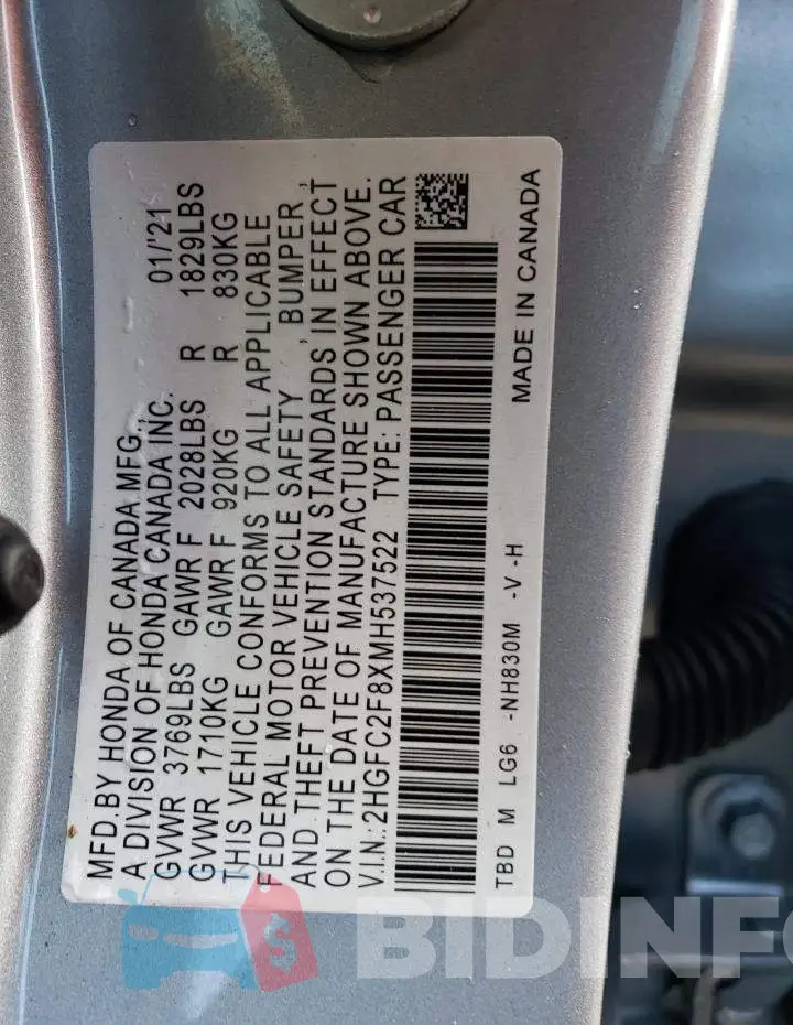 2HGFC2F8XMH537522 Photo# 12